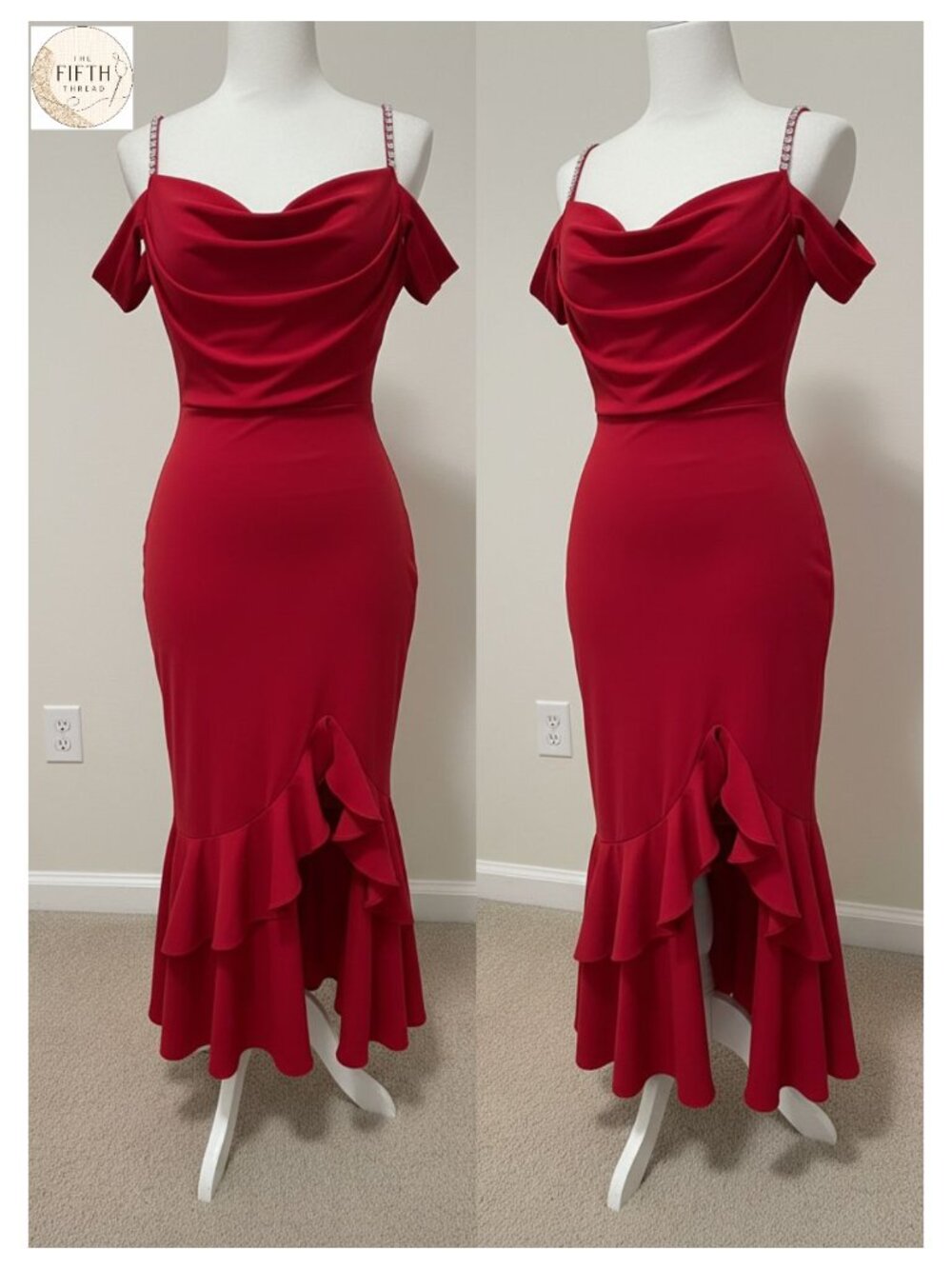 Pearl Strap Bodycon Midi Dress, Ruffle Hem, Off Shoulder, Party